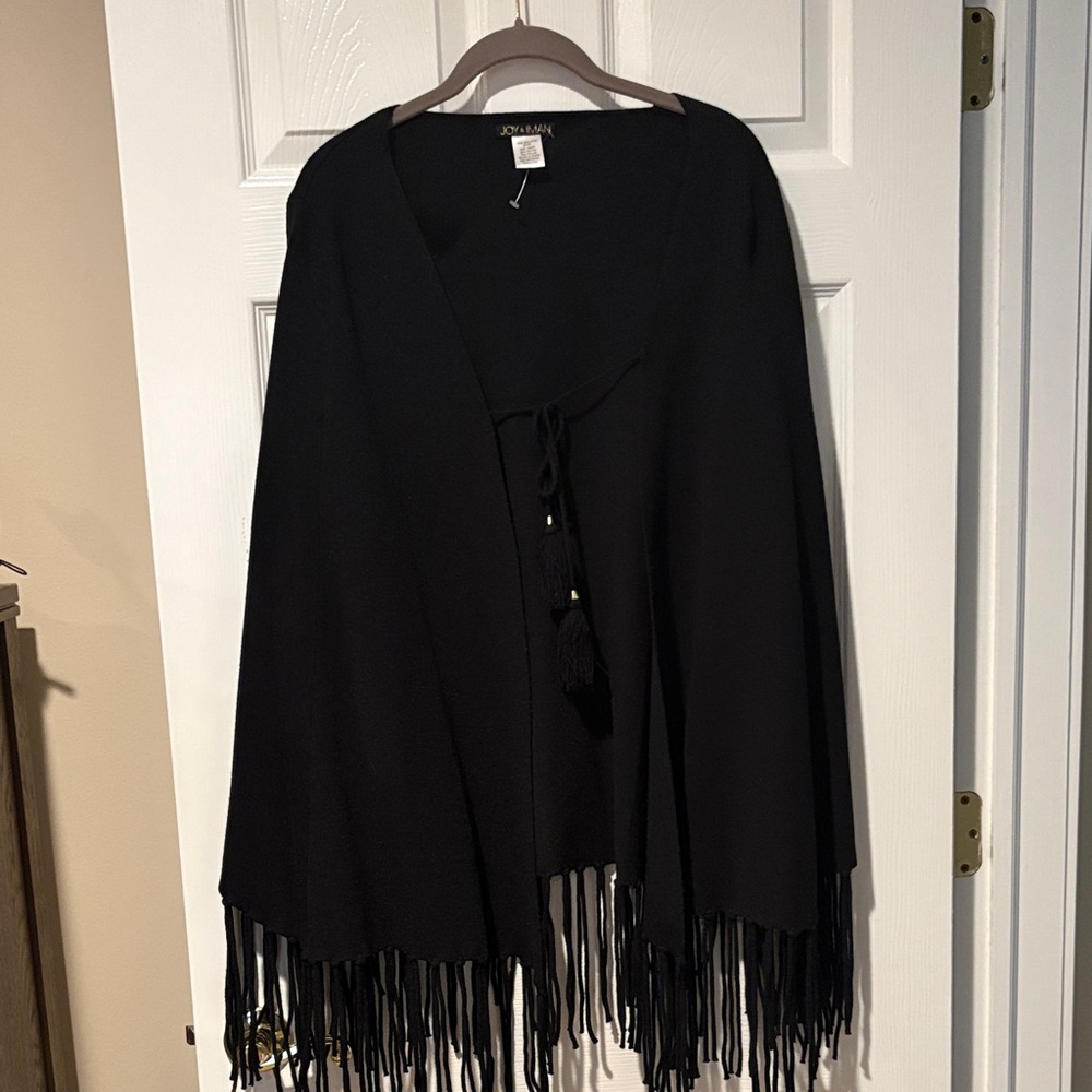 Joy & Iman Black Fringe Cape with Tassel Tie